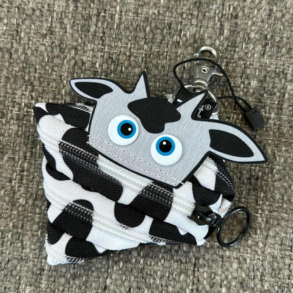 ZIPIT Wildlings Cow Mini Pouch Coin Purse Zipper Bag Charcoal Black White Eyes